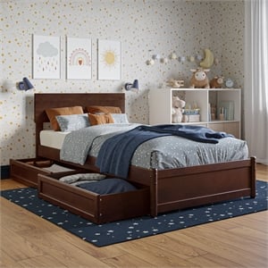 Wesley Twin Wood Platform Bed with Panel Footboard and Storage Drawers in Walnut