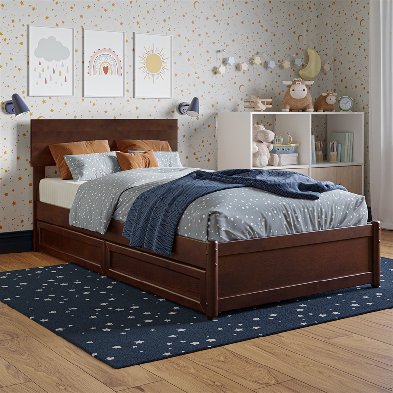 Wesley Twin Wood Platform Bed with Panel Footboard and Storage Drawers in Walnut