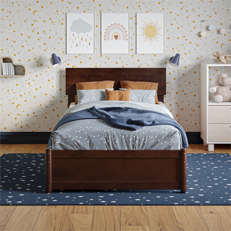 Wesley Twin Wood Platform Bed with Panel Footboard and Storage Drawers in Walnut