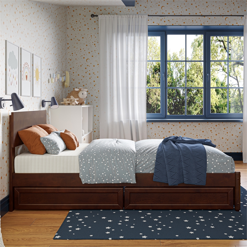 Wesley Twin Wood Platform Bed with Panel Footboard and Storage Drawers in Walnut