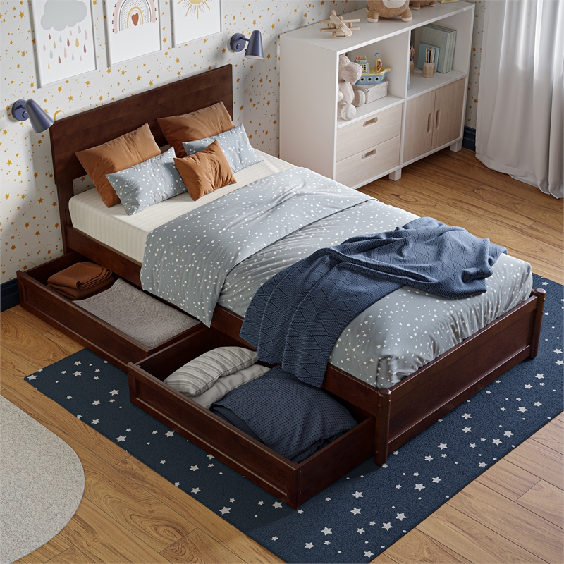 Wesley Twin Wood Platform Bed with Panel Footboard and Storage Drawers in Walnut