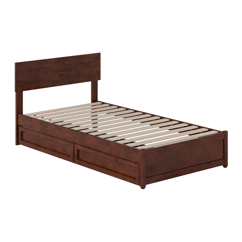 Wesley Twin Wood Platform Bed with Panel Footboard and Storage Drawers in Walnut
