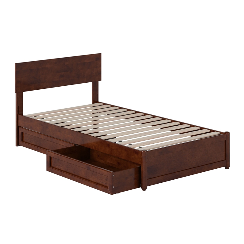 Wesley Twin Wood Platform Bed with Panel Footboard and Storage Drawers in Walnut