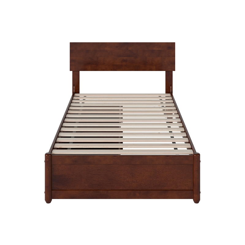 Wesley Twin Wood Platform Bed with Panel Footboard and Storage Drawers in Walnut