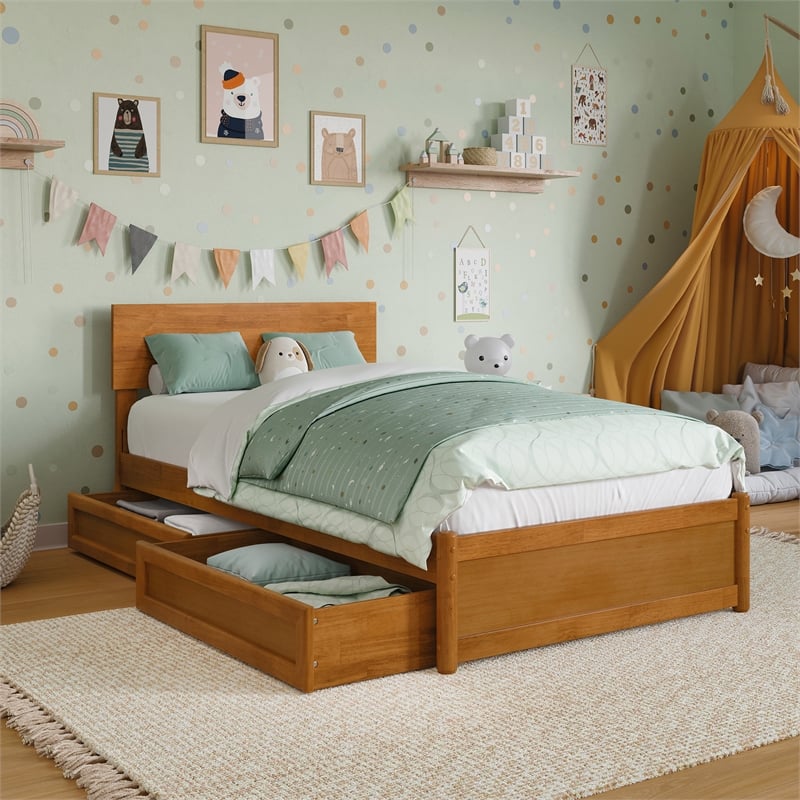 Wesley Twin Wood Platform Bed with Panel Footboard & Drawers in Light Toffee