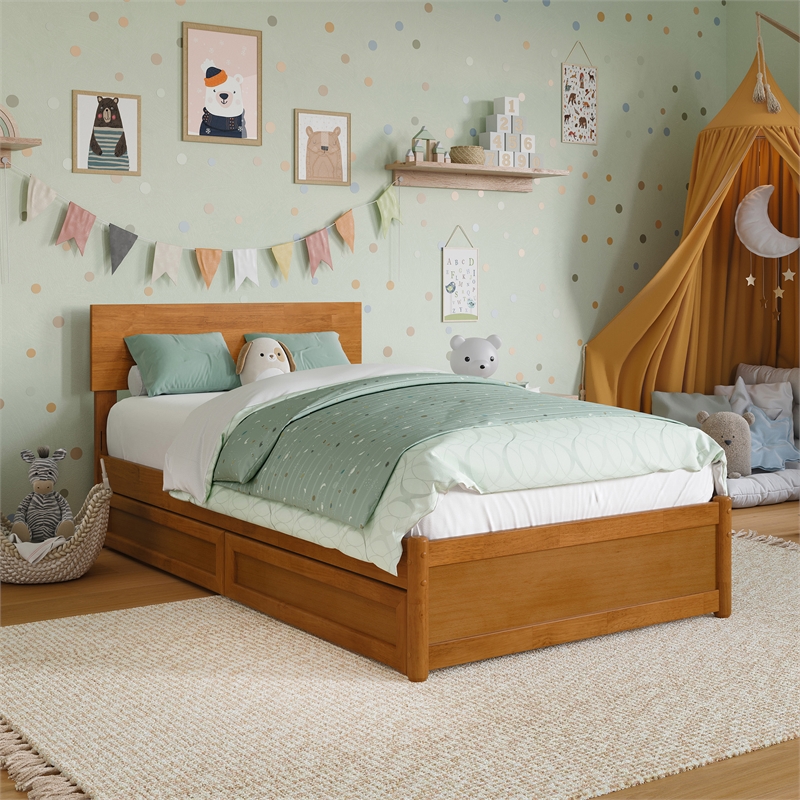 Wesley Twin Wood Platform Bed with Panel Footboard & Drawers in Light Toffee