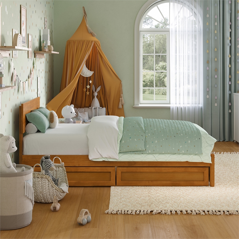 Wesley Twin Wood Platform Bed with Panel Footboard & Drawers in Light Toffee