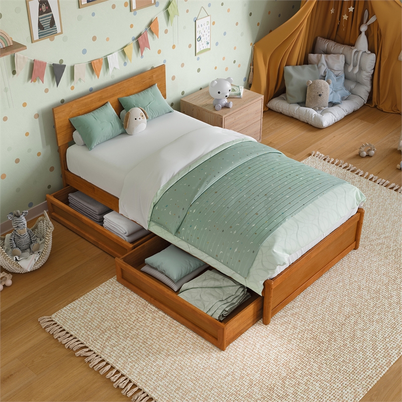 Wesley Twin Wood Platform Bed with Panel Footboard & Drawers in Light Toffee