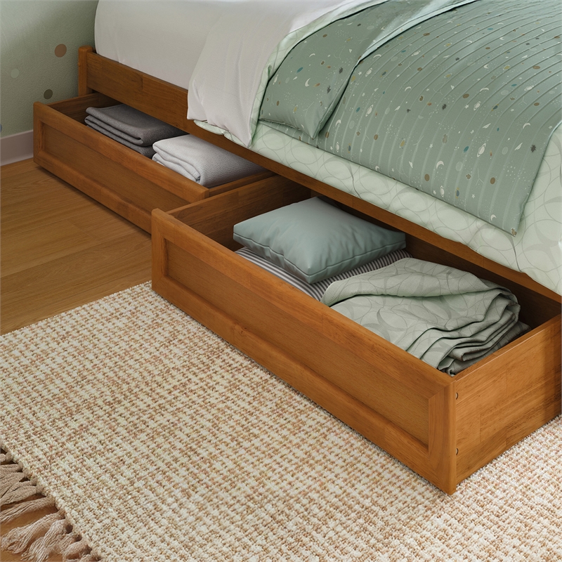 Wesley Twin Wood Platform Bed with Panel Footboard & Drawers in Light Toffee