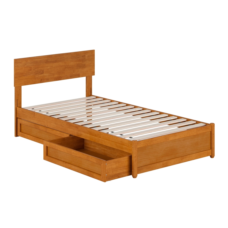 Wesley Twin Wood Platform Bed with Panel Footboard & Drawers in Light Toffee