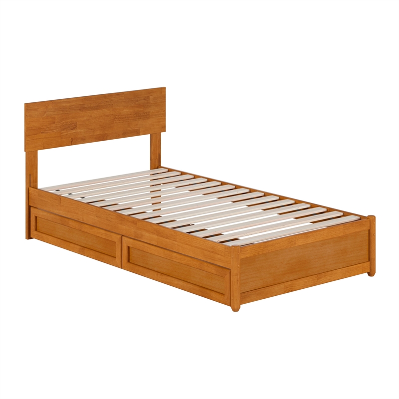 Wesley Twin Wood Platform Bed with Panel Footboard & Drawers in Light Toffee