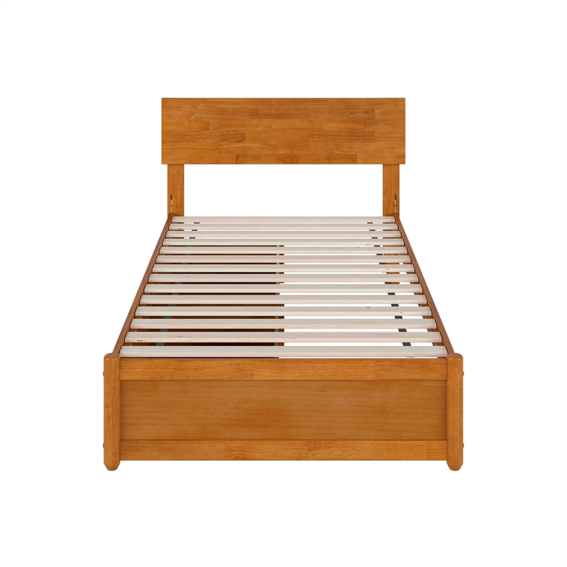 Wesley Twin Wood Platform Bed with Panel Footboard & Drawers in Light Toffee