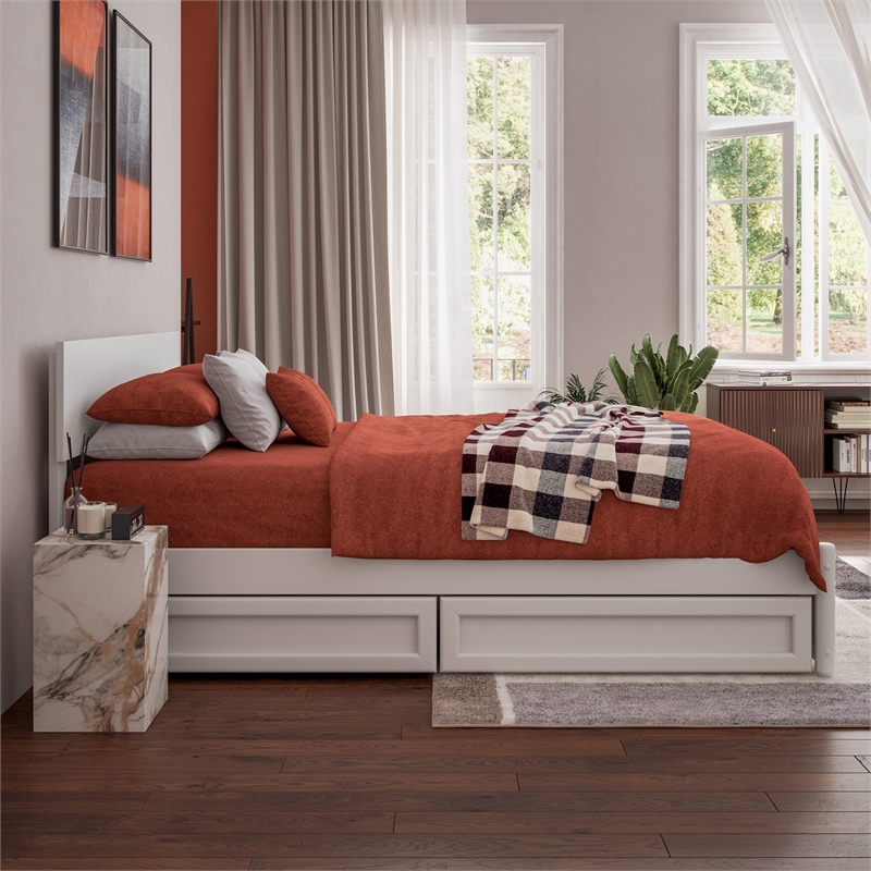 Wesley Full Wood Platform Bed with Panel Footboard and Storage Drawers in White