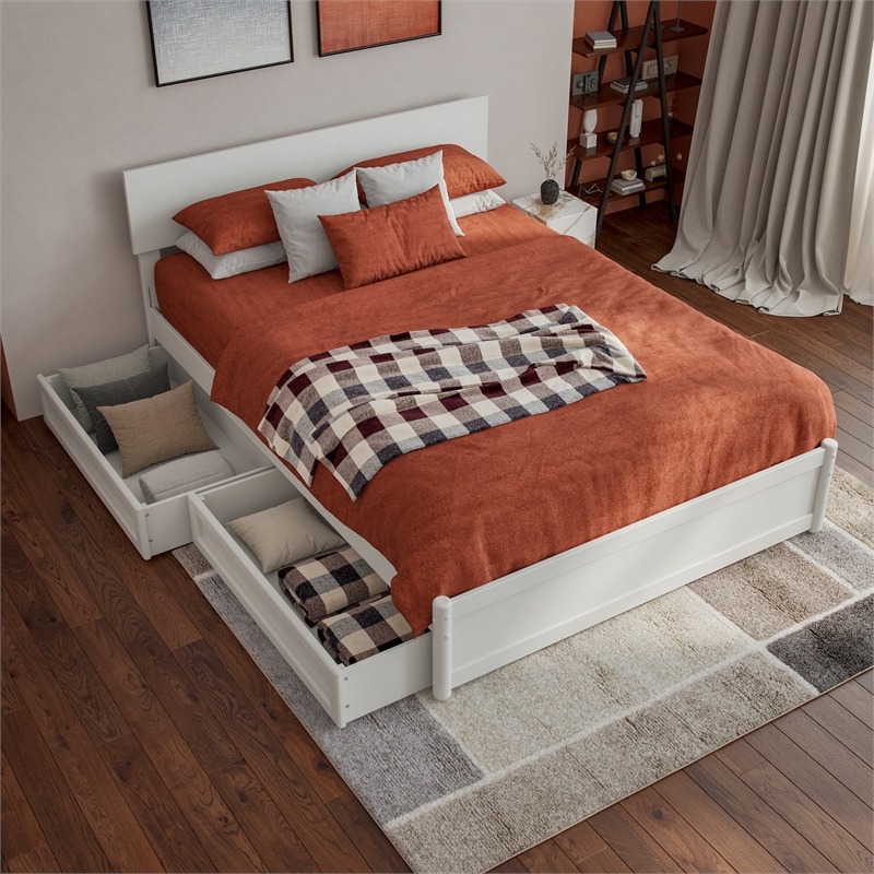 Wesley Full Wood Platform Bed with Panel Footboard and Storage Drawers in White