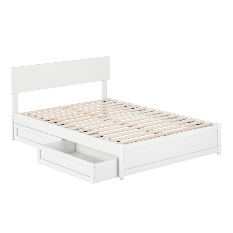Wesley Full Wood Platform Bed with Panel Footboard and Storage Drawers in White