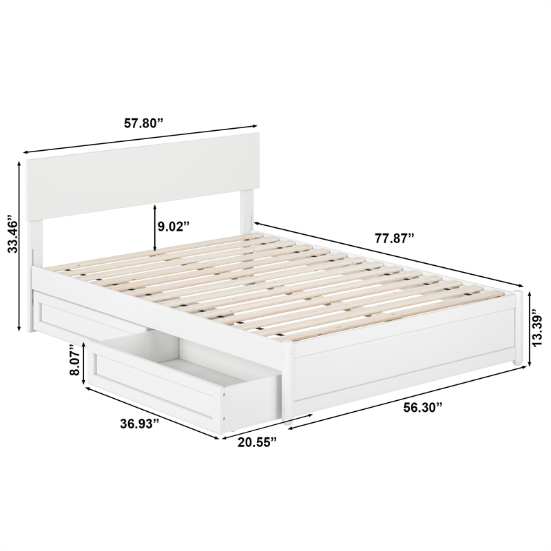 Wesley Full Wood Platform Bed with Panel Footboard and Storage Drawers in White