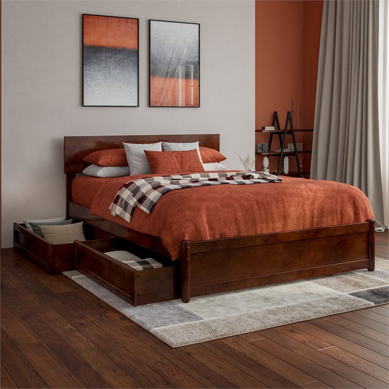 Wesley Full Wood Platform Bed with Panel Footboard and Storage Drawers in Walnut