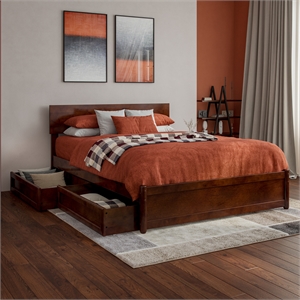 Wesley Full Wood Platform Bed with Panel Footboard and Storage Drawers in Walnut