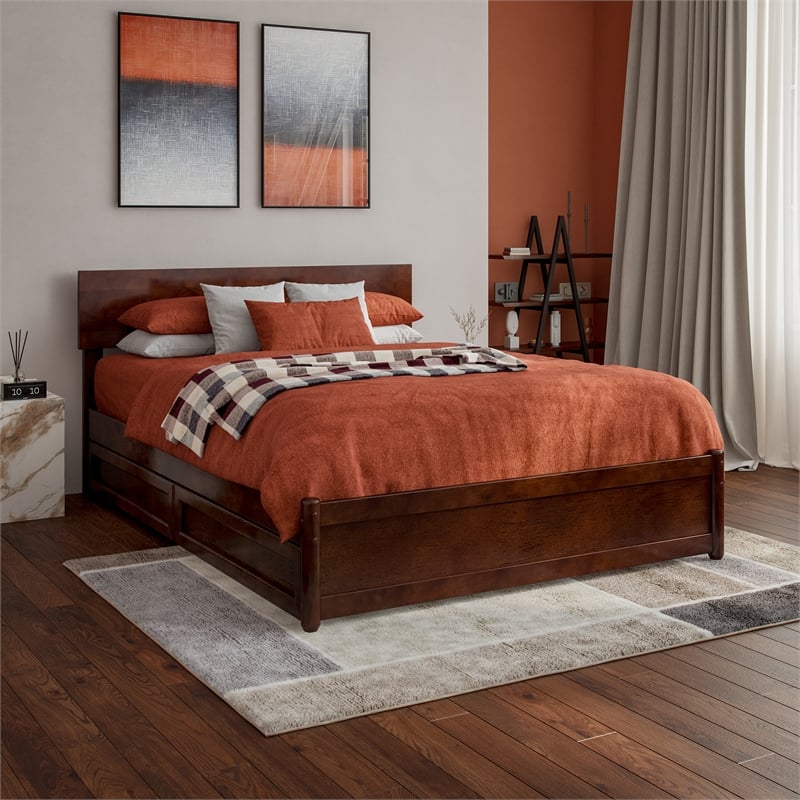 Wesley Full Wood Platform Bed with Panel Footboard and Storage Drawers in Walnut