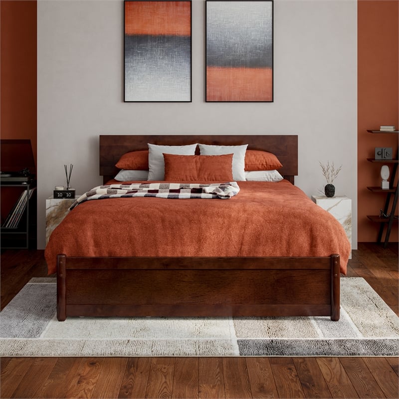 Wesley Full Wood Platform Bed with Panel Footboard and Storage Drawers in Walnut