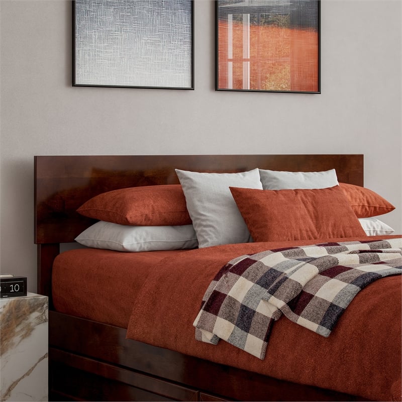 Wesley Full Wood Platform Bed with Panel Footboard and Storage Drawers in Walnut