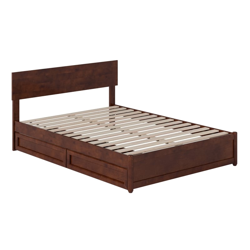 Wesley Full Wood Platform Bed with Panel Footboard and Storage Drawers in Walnut
