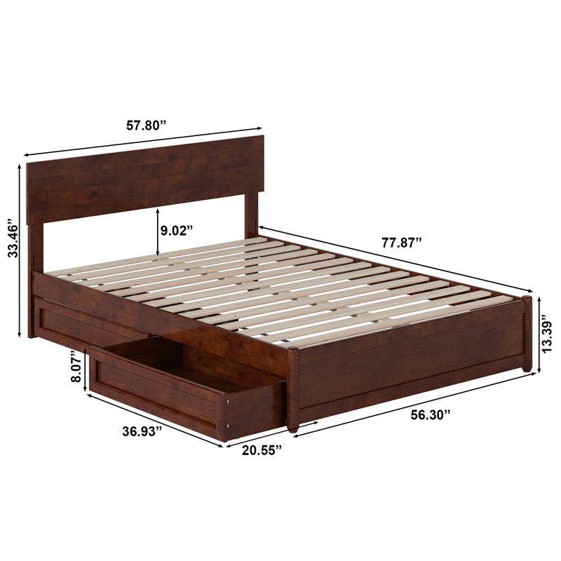 Wesley Full Wood Platform Bed with Panel Footboard and Storage Drawers in Walnut