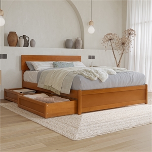 Wesley Full Wood Platform Bed with Panel Footboard & Drawers in Light Toffee