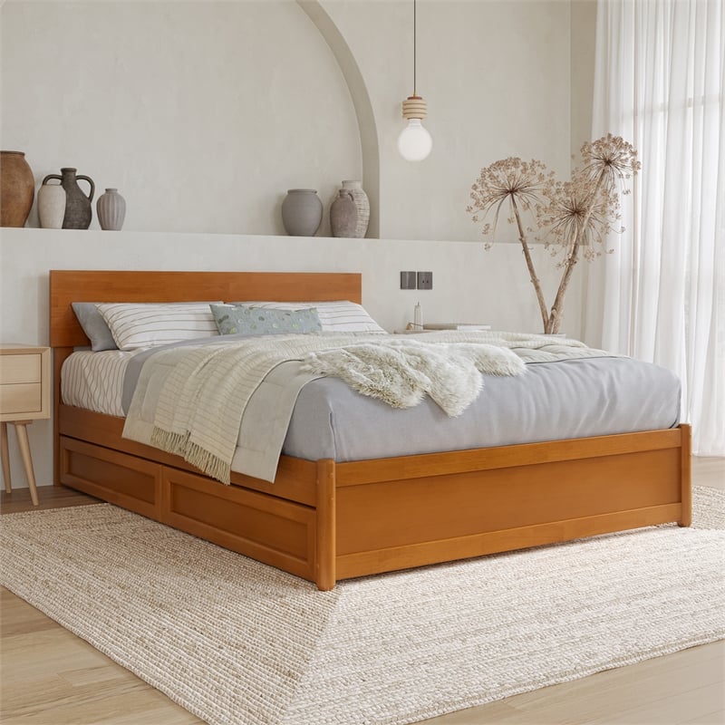 Wesley Full Wood Platform Bed with Panel Footboard & Drawers in Light Toffee