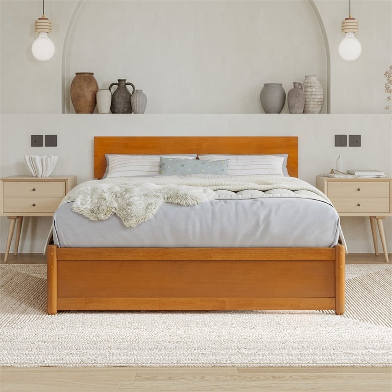 Wesley Full Wood Platform Bed with Panel Footboard & Drawers in Light Toffee