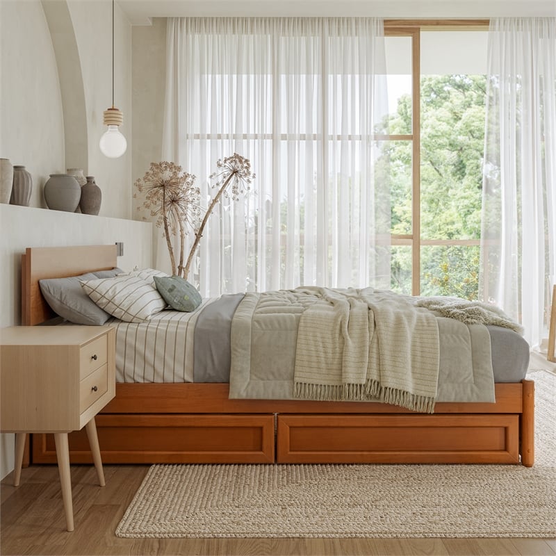 Wesley Full Wood Platform Bed with Panel Footboard & Drawers in Light Toffee