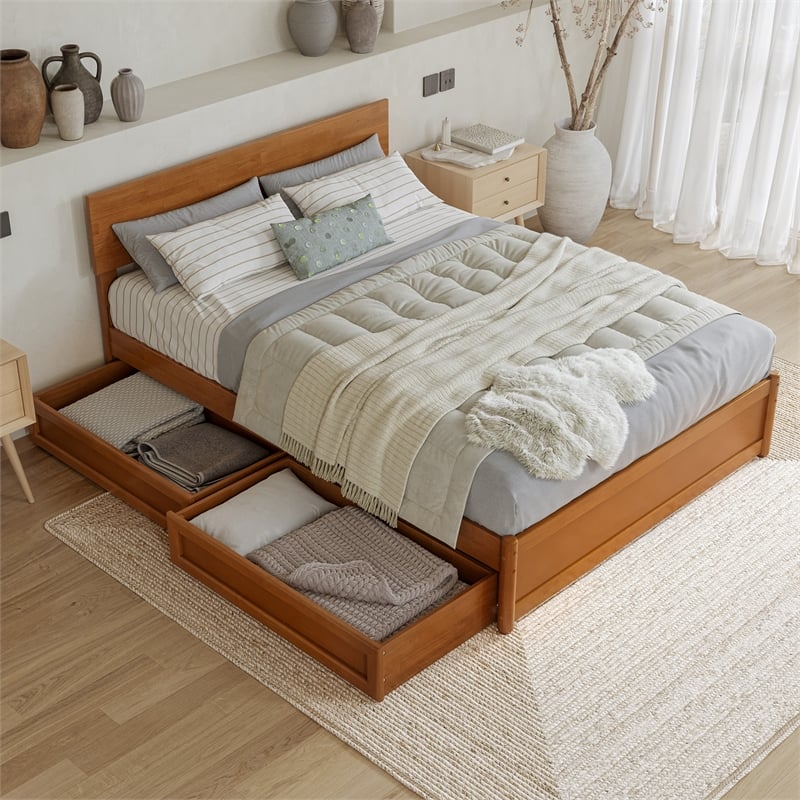 Wesley Full Wood Platform Bed with Panel Footboard & Drawers in Light Toffee