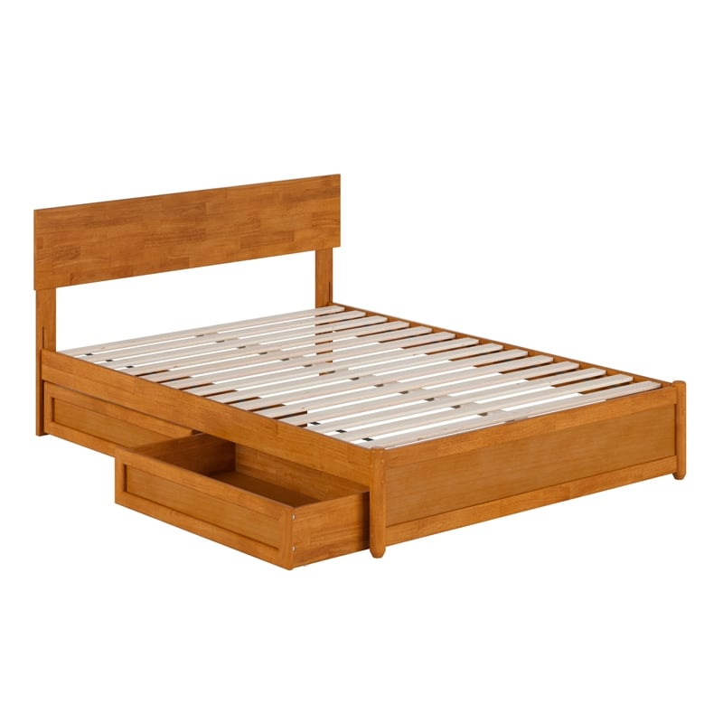 Wesley Full Wood Platform Bed with Panel Footboard & Drawers in Light Toffee