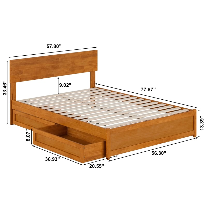 Wesley Full Wood Platform Bed with Panel Footboard & Drawers in Light Toffee