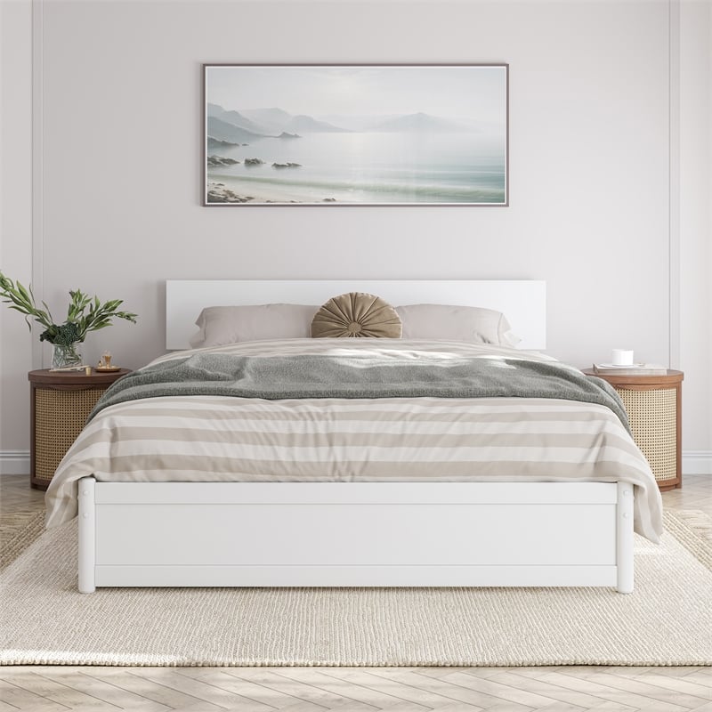 Wesley Queen Wood Platform Bed with Panel Footboard and Storage Drawers in White