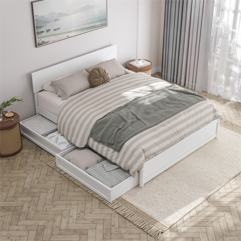 Wesley Queen Wood Platform Bed with Panel Footboard and Storage Drawers in White