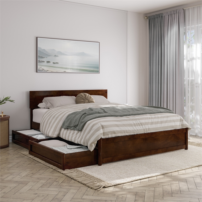 Wesley Queen Wood Platform Bed with Panel Footboard & Storage Drawers in Walnut