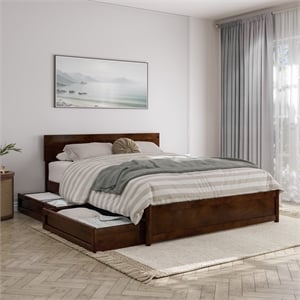 Wesley Queen Wood Platform Bed with Panel Footboard & Storage Drawers in Walnut