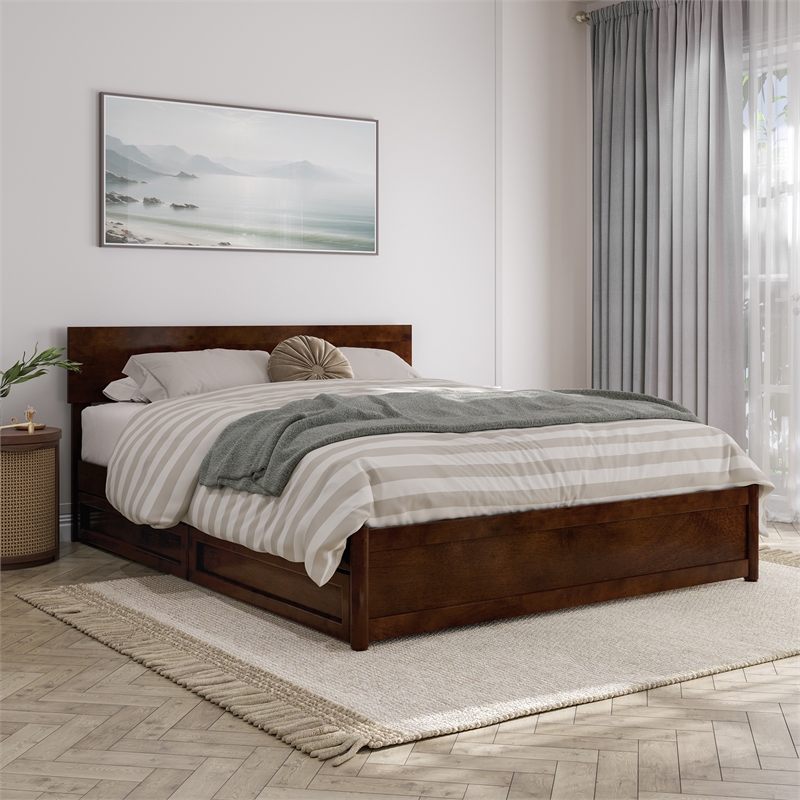 Wesley Queen Wood Platform Bed with Panel Footboard & Storage Drawers in Walnut