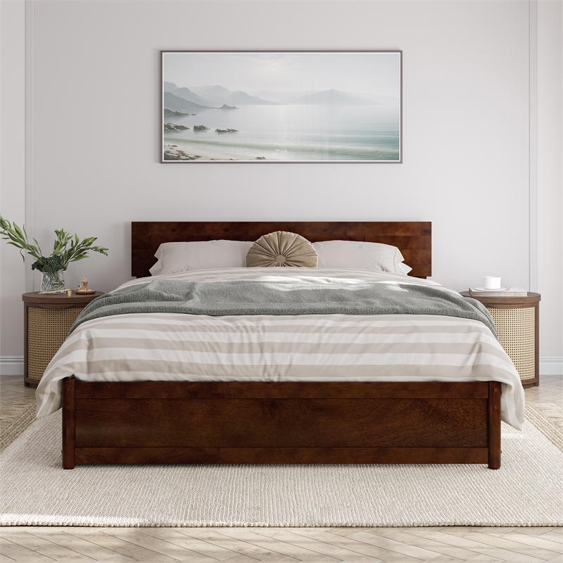 Wesley Queen Wood Platform Bed with Panel Footboard & Storage Drawers in Walnut