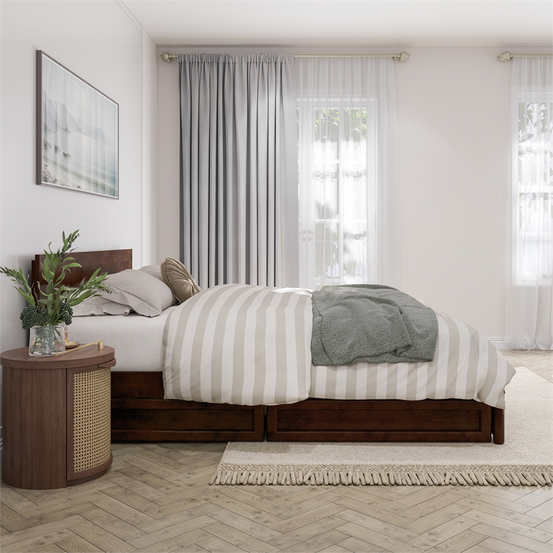 Wesley Queen Wood Platform Bed with Panel Footboard & Storage Drawers in Walnut