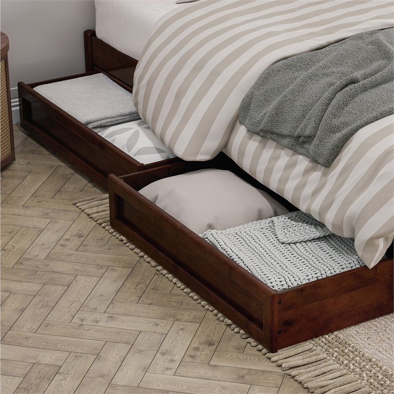 Wesley Queen Wood Platform Bed with Panel Footboard & Storage Drawers in Walnut