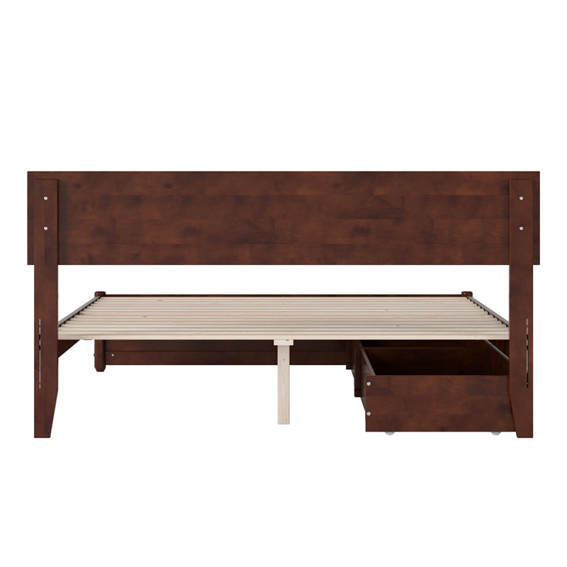 Wesley Queen Wood Platform Bed with Panel Footboard & Storage Drawers in Walnut