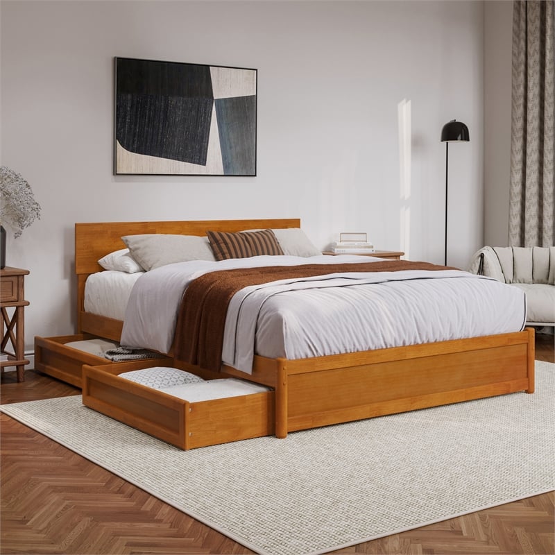 Wesley Queen Wood Platform Bed with Panel Footboard & Drawers in Light Toffee