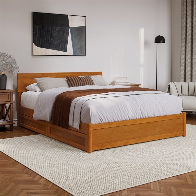 Wesley Queen Wood Platform Bed with Panel Footboard & Drawers in Light Toffee