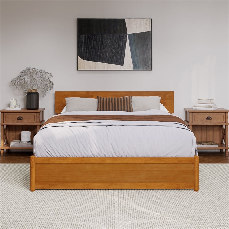 Wesley Queen Wood Platform Bed with Panel Footboard & Drawers in Light Toffee