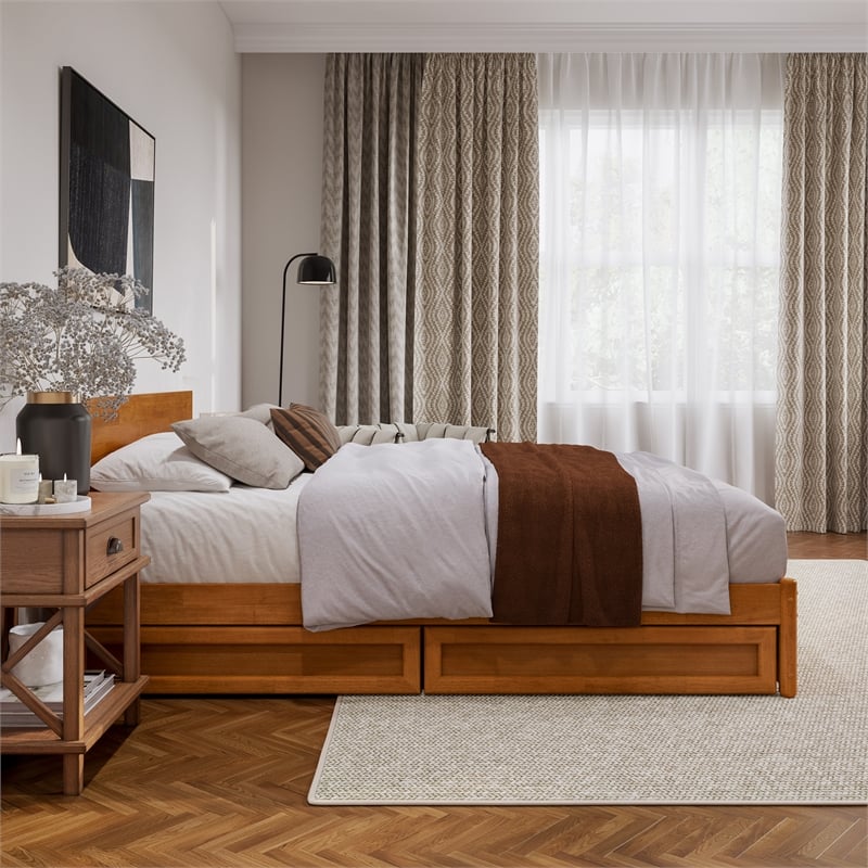 Wesley Queen Wood Platform Bed with Panel Footboard & Drawers in Light Toffee