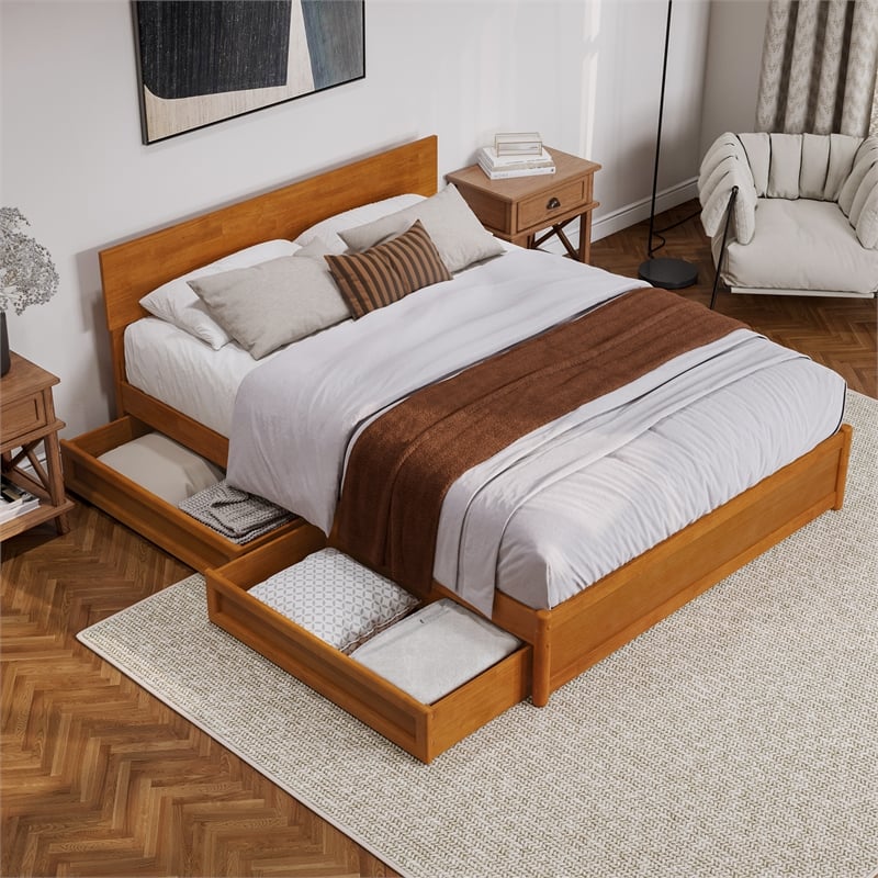 Wesley Queen Wood Platform Bed with Panel Footboard & Drawers in Light Toffee