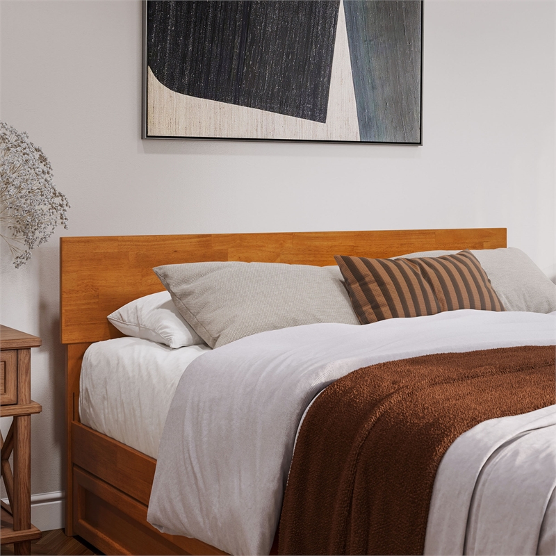 Wesley Queen Wood Platform Bed with Panel Footboard & Drawers in Light Toffee