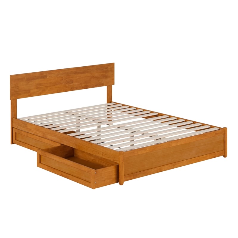 Wesley Queen Wood Platform Bed with Panel Footboard & Drawers in Light Toffee